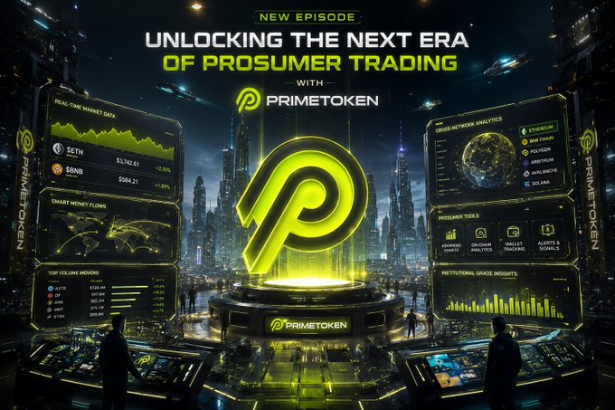A futuristic promotional graphic for 'PRIMETOKEN' advertises 'UNLOCKING THE NEXT ERA OF PROSUMER TRADING' with a glowing 'P' logo set against a cyberpunk cityscape and digital trading dashboards.