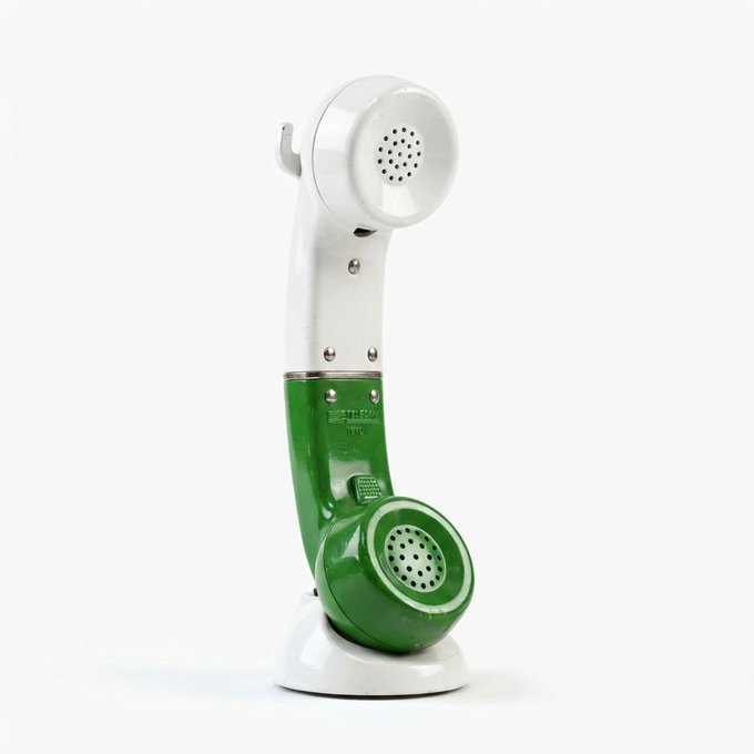 A vintage-style telephone handset, branded "Western Electric," with a green and white design, resting on a small stand.