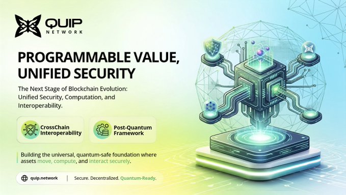 A promotional graphic for 'QUIP NETWORK' featuring the headline 'PROGRAMMABLE VALUE, UNIFIED SECURITY' and describing it as 'The Next Stage of Blockchain Evolution: Unified Security, Computation, and Interoperability' with mentions of CrossChain Interoperability and Post-Quantum Framework.