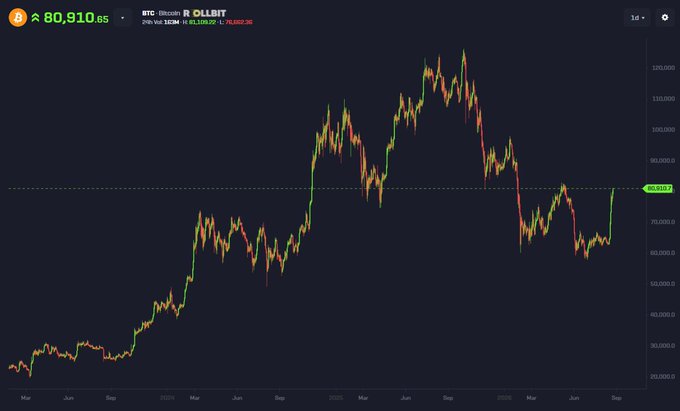 A Bitcoin (BTC) daily candlestick chart on Bitfinex showing a price of approximately $80,910.65, with the 24-hour volume at 82,089.72 BTC and a high of $83,109.72. The chart visualizes a long-term uptrend from 2024 into 2025 with a peak near $107,000 followed by a sharp correction and recent recovery back toward $80,000, illustrating the post's message that institutional buying persisted through the downturn and a renewed move is underway.