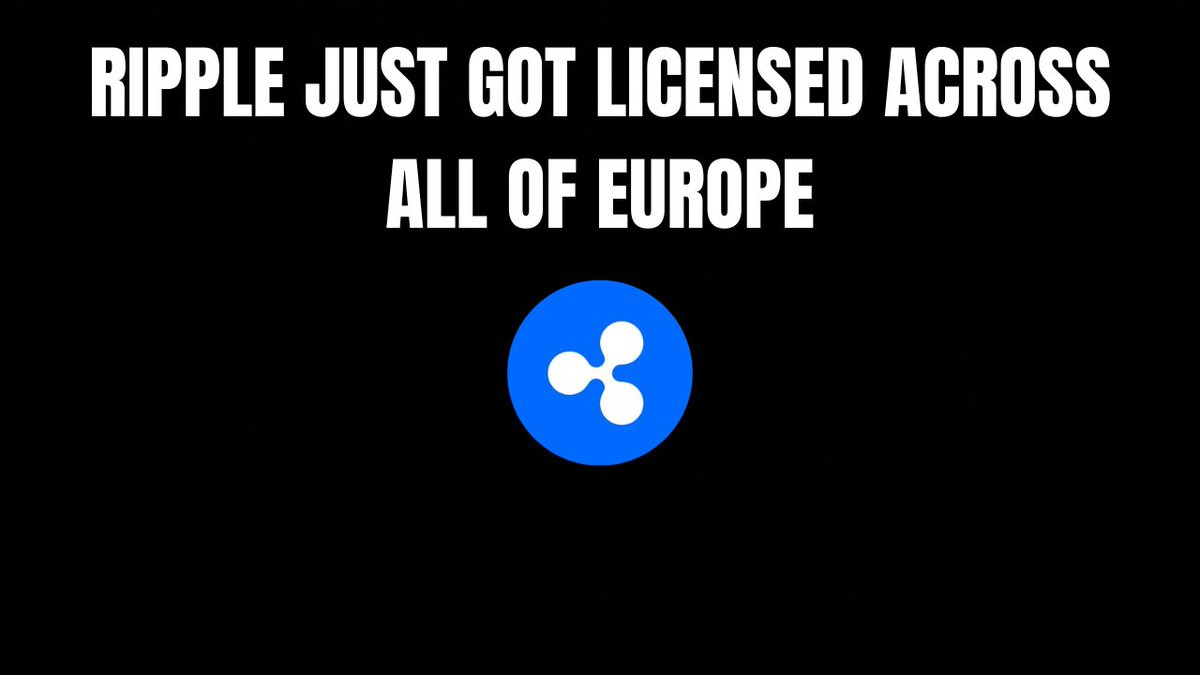 The image features white text on a black background reading "RIPPLE JUST GOT LICENSED ACROSS ALL OF EUROPE" above the blue Ripple (XRP) logo, visually reinforcing the post's claim that, unlike Tether which was effectively banned in the EU under MiCA regulations, Ripple secured licensing to serve over 450 million European users.