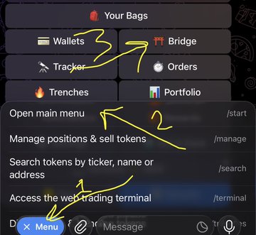 A screenshot of a Telegram bot menu interface showing navigation options like "Your Bags," "Wallets," "Bridge," "Tracker," "Orders," "Trenchies," and "Portfolio," with handwritten arrows pointing to the "open main menu" and "Wallets" options. The post promotes using the BasedBot to access a new stable chain, with the image illustrating the bot's menu commands.