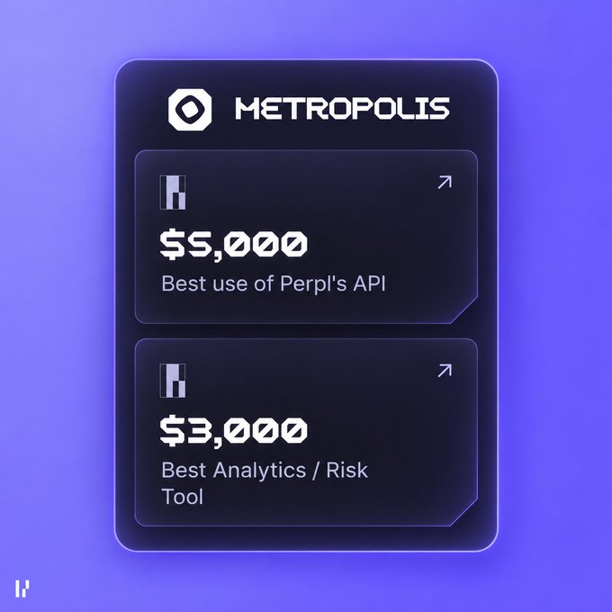 A purple graphic for 'METROPOLIS' displays two prize tiers: '$5,000 Best use of Perp1's API' and '$3,000 Best Analytics / Risk Tool'.