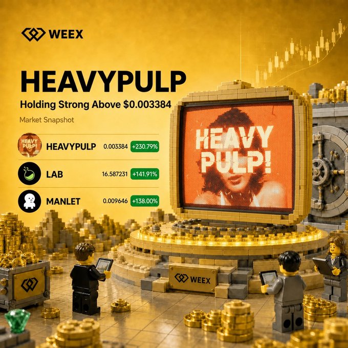 A golden market snapshot for WEEX showcases "HEAVYPULP" leading with a striking +230.79% gain at $0.003384, alongside LAB (+141.91% at $16.587231) and MANLET (+138.00% at $0.009646), reinforcing the post's call for viewers to pick the next top performer.