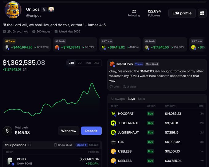 A FOMO trading profile for user "Unipcs" (@unipcs) displays a portfolio balance of $1,362,535.08 with the top 5 trades shown including $440,994.26, $179,331.43, $19,413.82, $17,845.50, and $15..., alongside active positions like $PONS ($508,489.34), and a buy history featuring $HOODRAT, $JUGGERNAUT, $GTR, and $USELESS purchases, celebrating the account's milestone of surpassing 120k followers since joining in May 2026.