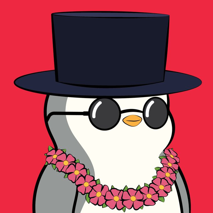 A cartoon illustration of a penguin wearing a black top hat, round dark sunglasses, and a pink flower lei against a bright red background.
