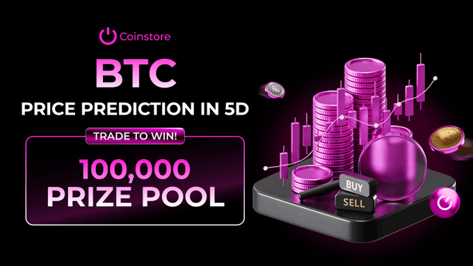 A promotional banner for Coinstore advertising a 'BTC PRICE PREDICTION IN 5D' competition with a 'TRADE TO WIN! 100,000 PRIZE POOL' and a 3D illustration of stacked coins, a magnifying glass, and a BUY/SELL keypad.