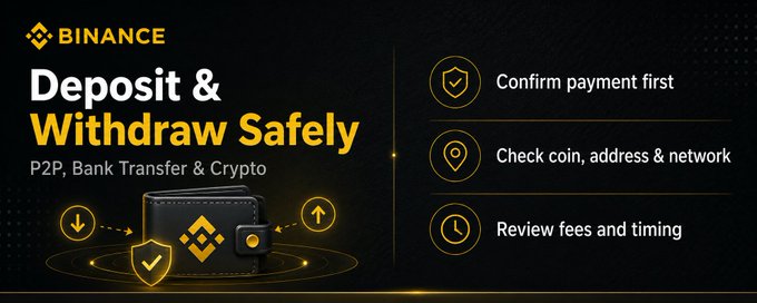 A Binance promotional graphic titled "Deposit & Withdraw Safely" featuring a wallet illustration alongside three key safety tips: "Confirm payment first," "Check coin, address & network," and "Review fees and timing." The image visually reinforces the post's advice about taking time and caution when using P2P, bank transfer, and crypto methods for moving funds on Binance.