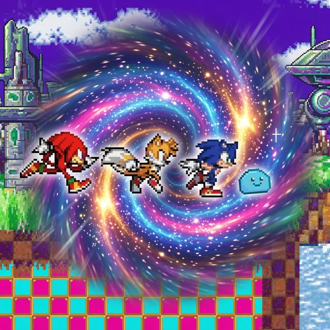 Pixel art image showing classic Sonic the Hedgehog characters (Knuckles, Tails, and Sonic) flying through a colorful cosmic vortex with a small blue creature.
