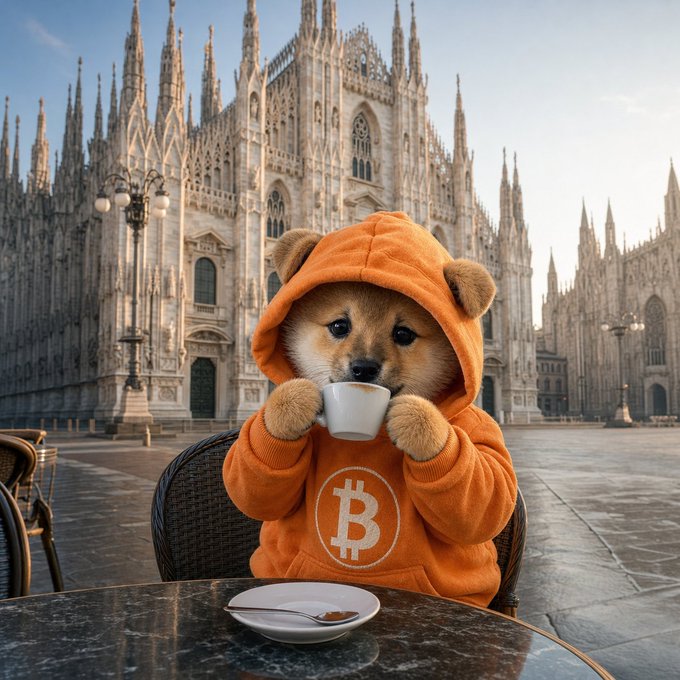 An adorable Shiba Inu dog wearing an orange Bitcoin hoodie holding a white teacup at a cafe table, with the Milan Cathedral (Duomo) in the background.