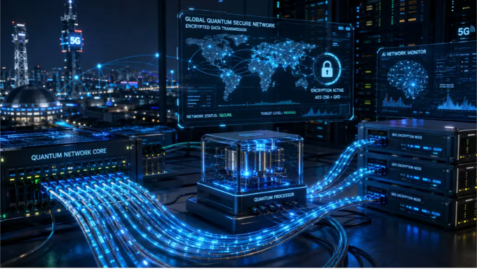 A futuristic sci-fi control room features a 'GLOBAL QUANTUM SECURE NETWORK' display with a world map, encryption status, and 5G connectivity alongside glowing blue data streams.