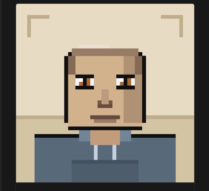 A pixel art style portrait of a man with a goatee wearing a blue shirt against a beige background.