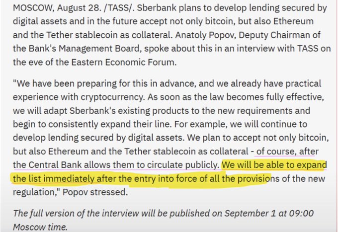 A TASS news article from August 28 reports that Sberbank Deputy Chairman Anatoly Popov announced plans to expand lending secured by digital assets, accepting Bitcoin, Ethereum, and the Tether (USDT) stablecoin as collateral once Russian regulations permit it. The highlighted line emphasizes that Sberbank "will be able to expand the list immediately after the entry into force of all the provisions of the new regulation," underscoring the bank's readiness to broaden its crypto collateral offerings as Russia's regulatory framework opens up.