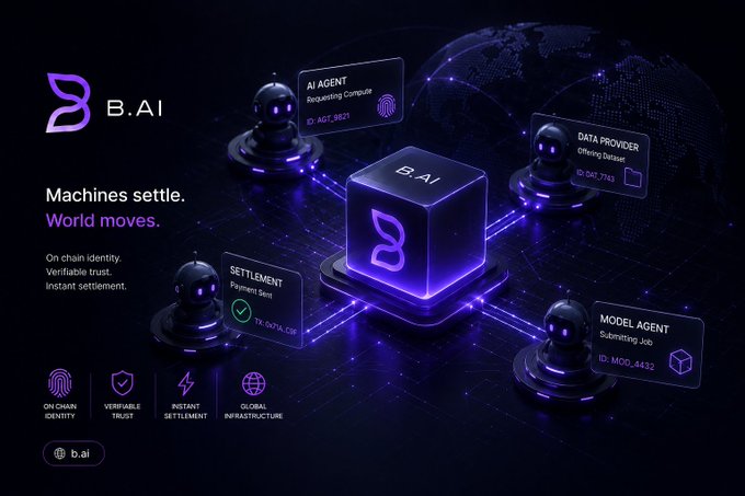 A promotional graphic for 'B.AI' with the tagline 'Machines settle. World moves.' featuring a 3D cube and connected nodes labeled AI Agent, Data Provider, Settlement, and Model Agent.