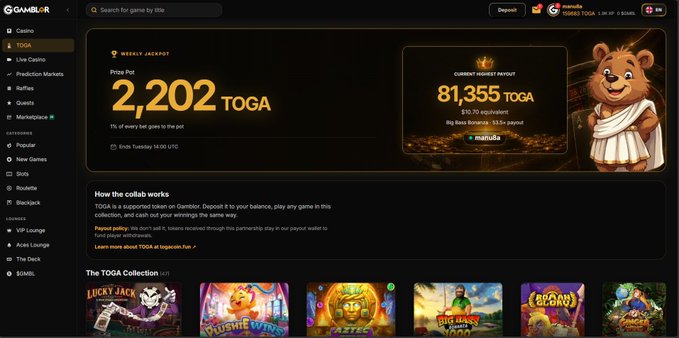 Screenshot of the Gamblr casino platform showing a TOGA jackpot of 2,202 tokens (1% of pot) and a current highest payout of 81,355 TOGA, with a TOGA Collection of slot games including Lucky Jack, Plushie Wins, Aztec, Big Bass Splash, and Dream Island.