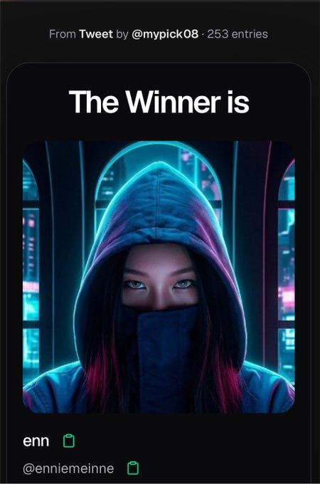 A digital announcement reads 'The Winner is' featuring an AI-generated image of a hooded figure with glowing blue eyes, crediting 'enn' (@enniemeinne) from a tweet by @mypick08 with 253 entries.