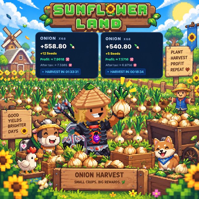 A pixel art promotional image for 'Sunflower Land' features a farmer, dog, cat, and chicken in an onion field, with harvest stats showing '+558.80' and '+540.80' onions.