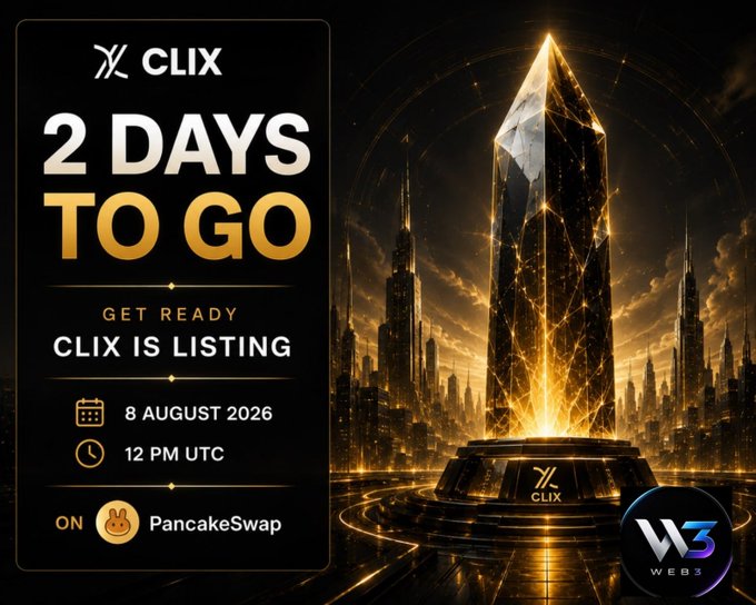 A promotional countdown graphic announcing that the CLIX token will list on PancakeSwap in 2 days, on 8 August 2026 at 12 PM UTC, featuring a glowing golden crystal monument set against a futuristic cityscape skyline. The dramatic imagery reinforces the post's message of CLIX reaching a major milestone, symbolizing the project's rise and impending launch.