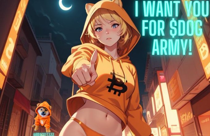 An anime-style illustration of a blonde girl in an orange Dogecoin hoodie pointing at the viewer, with text reading 'I WANT YOU FOR $DOG ARMY!' and a Shiba Inu mascot in the corner.