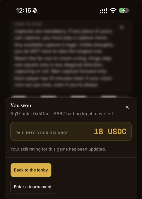 A smartphone screenshot shows a 'You won' notification indicating a payout of '18 USDC' from a game where 'Ag17Jack' defeated '0x5Dce...A662', with options to 'Back to the lobby' or 'Enter a tournament'.