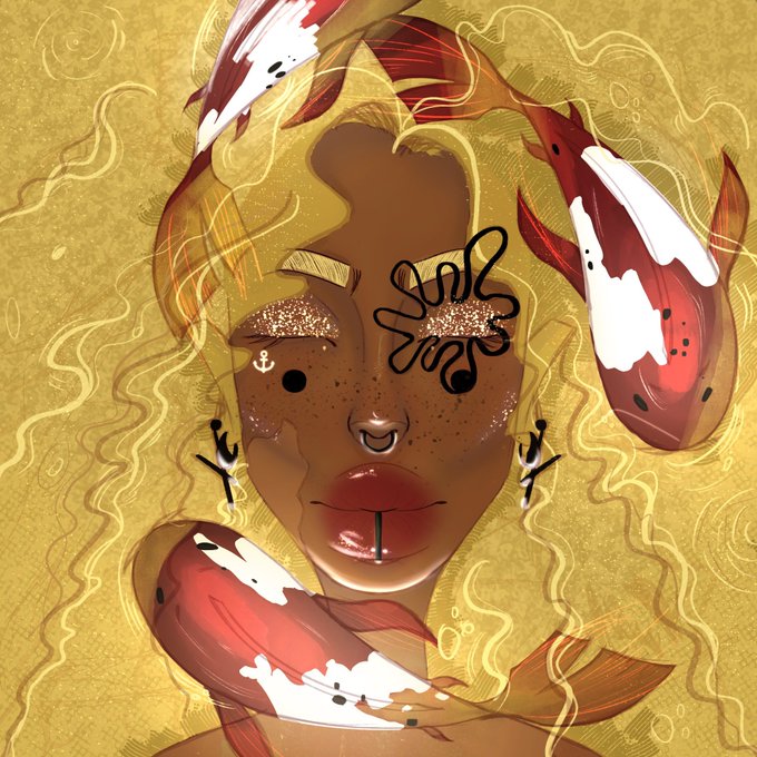A digital illustration of a woman with dark skin, glittery gold eyeshadow, and a nose ring, surrounded by swimming koi fish against a golden patterned background.