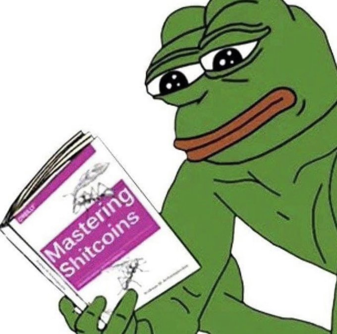 A sad Pepe the Frog meme holding a pink book titled "Mastering Shitcoins" by Andreas M. Antonopoulos.