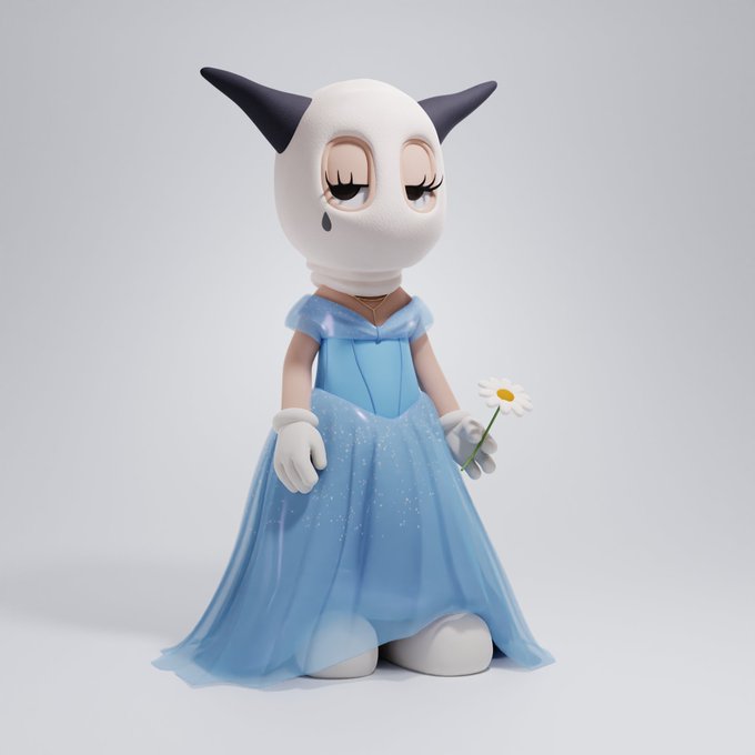 A 3D render shows a designer art toy with a white animal-like head with black ears, wearing a shimmering blue gown and holding a single white daisy.