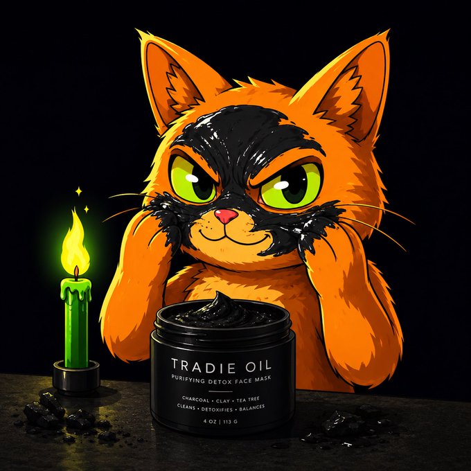 An orange cartoon cat with a black purifying face mask sits beside a glowing green candle and a jar labeled 'TRADIE OIL PURIFYING DETOX FACE MASK' containing charcoal, clay, and tea tree.