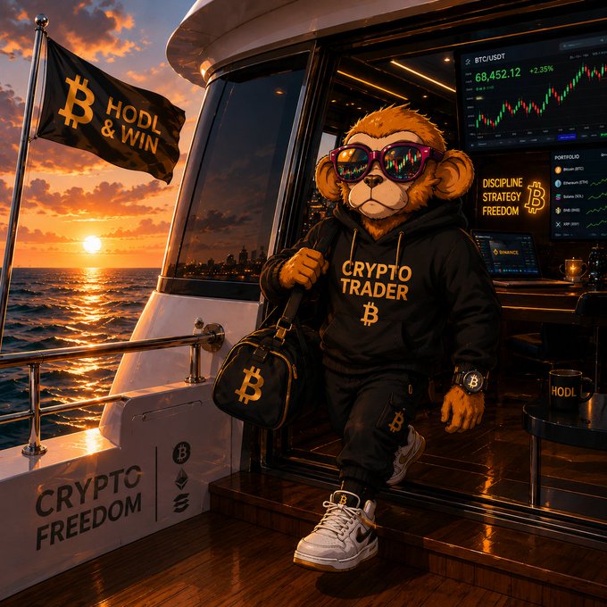 A stylized crypto-themed image of a monkey character in 'CRYPTO TRADER' attire with sunglasses stepping off a yacht flying a 'HODL & WIN' Bitcoin flag, with BTC/USDT charts visible at 68,452.12 (+2.35%).