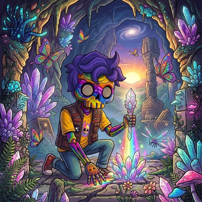 A vibrant, psychedelic digital artwork shows a purple-haired character with a rainbow skull face kneeling in a magical cave surrounded by glowing crystals and colorful butterflies.