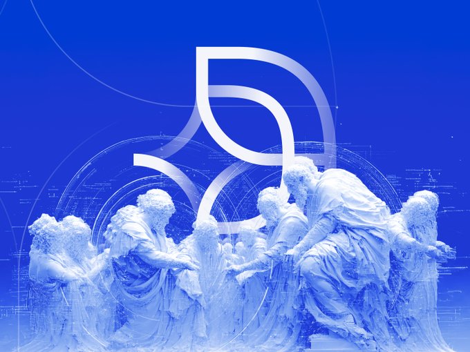 A blue digital graphic featuring a stylized logo above classical marble statues overlaid with digital network lines.