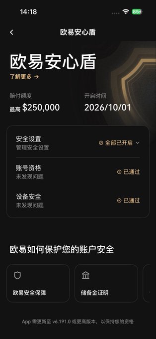A screenshot of the OKX "欧易安心盾" (Peace of Mind Shield) feature page, showing a maximum compensation of $250,000, a start date of 2026/10/01, and confirmed security settings including account credentials and device security—all marked as passed. The image illustrates the protective shield mentioned in the post, highlighting the platform's account safety features available to users.