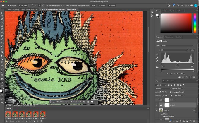 A screenshot of Adobe Photoshop 2026 displaying a colorful digital artwork of a green creature labeled 'COSMIC TOAD' covered in text and numbers against an orange background.