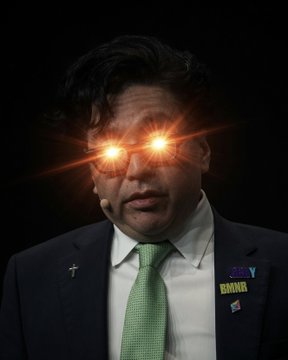 AI-edited photo of a man in a suit and green tie wearing a 'Family' cross pin, with glowing red laser eyes added to the image.