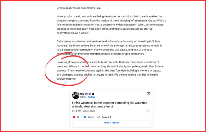 Article excerpt titled 'Crypto deserves its own World's Fair' with a circled paragraph about Solana startups competing, including a tweet from toly (@aeyakovenko) about being 'better together competing like wounded animals.'