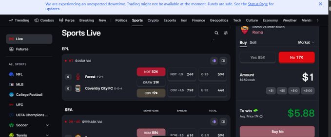A screenshot of a sports betting website showing live EPL and SEA games with matchups including Forest vs Coventry City FC, alongside a betting panel for a market titled "ROMO VS INNER MEA" featuring Roma with a Yes/No market priced at 17¢/$1.