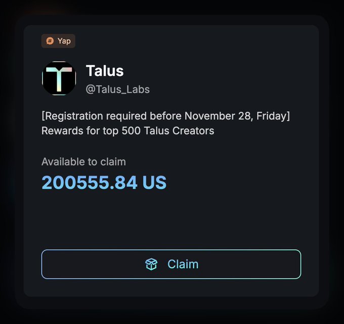 A screenshot from the Yap rewards platform by Talus (@Talus_Labs) shows an available claim of "200555.84 US" with the message "Rewards for top 500 Talus Creators" and a "Claim" button. The image illustrates the poster's experience of being allocated approximately 20K $US tokens from Talus Labs through Kaito Yapping rewards, but being unable to find any corresponding vested tokens on Streamflow.