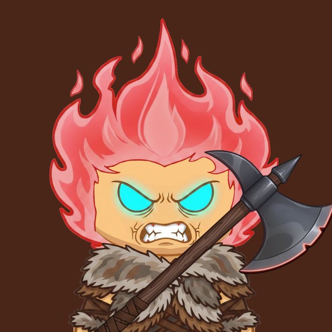A cartoon NFT-style character with bright red/pink flame-like hair, glowing blue eyes, and an angry expression, holding a battle axe and wearing fur clothing against a brown background.