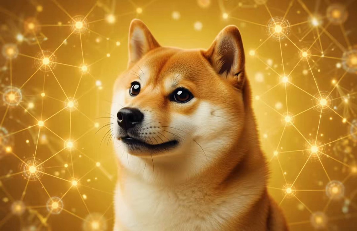 The image features a brown dog sitting against a yellow background that has lines of lights radiating outwards from its center. The dog appears to be looking directly at the camera with an expression of curiosity or interest. In the background, there are lines of lights that seem to represent connections between different elements in the image. The caption reads "Big news just dropped! House of Doge is teaming up with Paxos to bring $DOGE onto the same crypto rails that power PayPal, Venmo, and Mercado Libre". This suggests a connection between the dog's appearance and the concept of cryptocurrency adoption by major players in the financial world.
