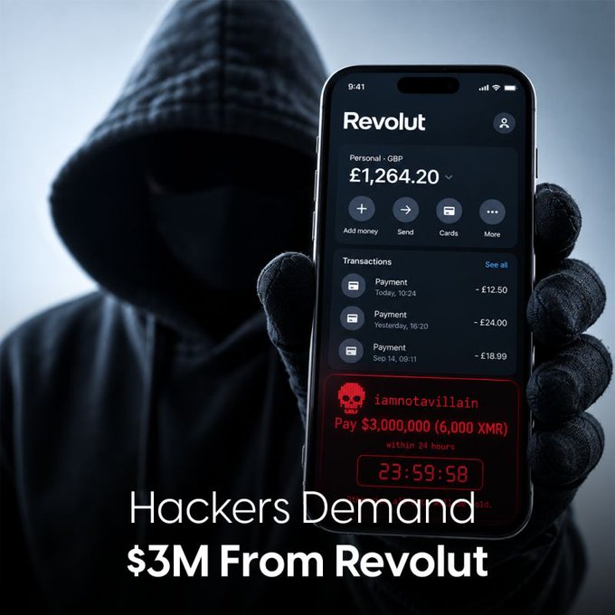 A hooded, masked figure holds a smartphone showing a Revolut account with a $3M ransom demand from 'iamnotavillain' for 6,000 XMR, captioned 'Hackers Demand $3M From Revolut'.