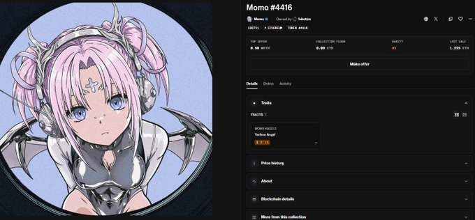 An NFT marketplace listing for 'Momo #4416' from the Momo collection on Tensor, showing the anime-style character art and traits including 'Demon Headset'.