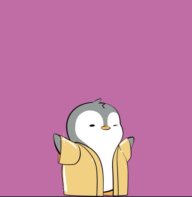 A simple cartoon illustration of a small penguin wearing a tan/beige jacket against a solid pink background.
