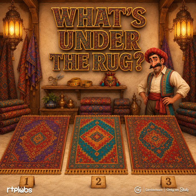 The image is a promotional graphic titled "WHAT'S UNDER THE RUG?" featuring a mustachioed merchant in a red turban and ornate vest standing beside three intricately patterned Persian-style rugs labeled 1, 2, and 3, with RTPLabs, 18+, GambleAware, and "Only on Stake" branding at the bottom—visually inviting viewers to guess which RTPLabs games are hidden beneath each numbered rug.
