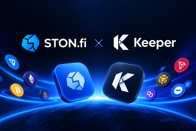 Promotional banner displaying logos for 'STON.fi' and 'Keeper' with a cryptocurrency exchange theme, showing various crypto coin icons floating around.