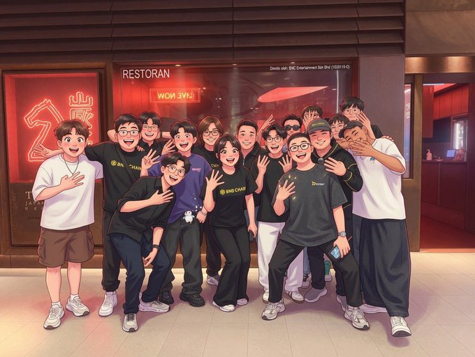 An anime-style illustration of a large group of young men posing cheerfully together, wearing matching BNB CHAP t-shirts, standing in front of a restaurant with red neon signage.