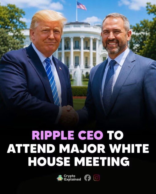 A political image showing Donald Trump and another man shaking hands in front of the White House, with text reading 'RIPPLE CEO TO ATTEND MAJOR WHITE HOUSE MEETING' and a 'Crypto Explained' logo at the bottom.