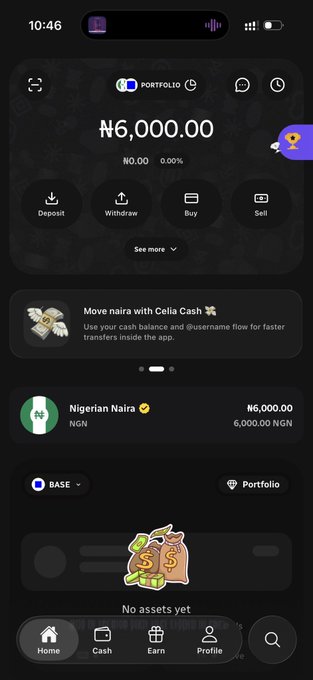 A mobile screenshot of a digital finance app displaying a balance of ₦6,000.00 NGN with options for Deposit, Withdraw, Buy, and Sell.