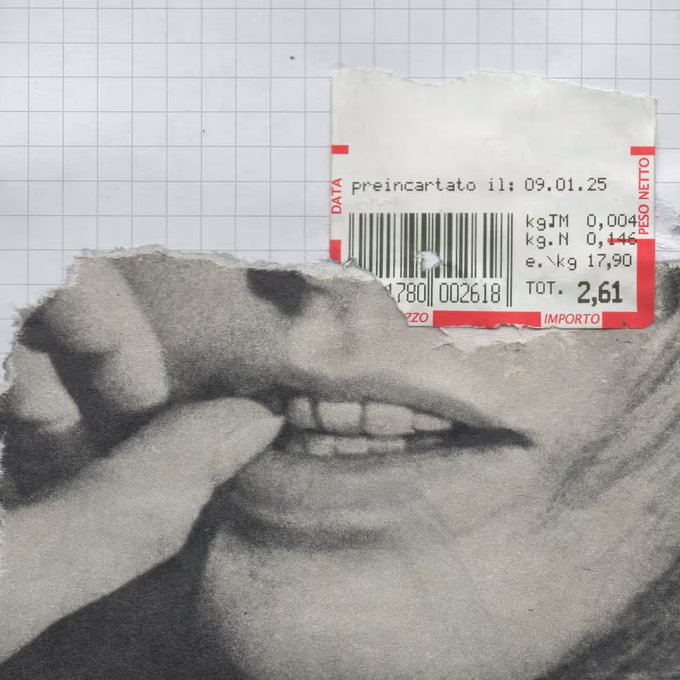 Mixed media collage showing a torn paper receipt with 'Preincartato il: 09.01.25' and 'TOT. 2,61' layered over a pencil drawing of a person picking their nose with their tongue.