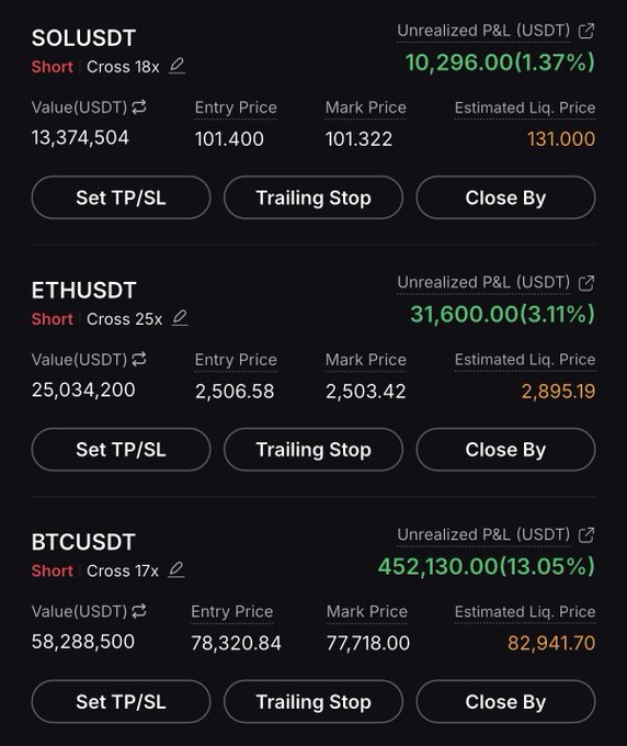 Another cryptocurrency trading interface displaying the same three short positions (SOLUSDT, ETHUSDT, BTCUSDT), but this time all showing unrealized profits in green text, including a 13.05% gain on the Bitcoin position.