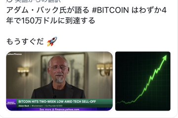 Japanese social media post featuring a Japanese caption claiming Adam Back stated "BITCOIN will reach $1.5 million in just 4 years," above an image of Adam Back on Bloomberg TV discussing Bitcoin's two-week low. The post illustrates a hypothetical calculation of 37.5x returns on MSTU (2x leveraged MicroStrategy ETF) if Bitcoin reaches $1.5M from $80K, assuming MSTU moves at twice Bitcoin's rate.